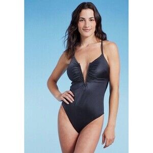 Shade & Shore Women's V-Wire Plunge One Piece Swimsuit Shirred Bathing Suit